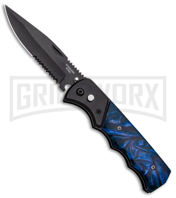 Super Knife Dingo Blue Acrylic Automatic Knife - Black Serr 3 Super Knife Dingo Blue Acrylic Automatic Knife - Black Serr