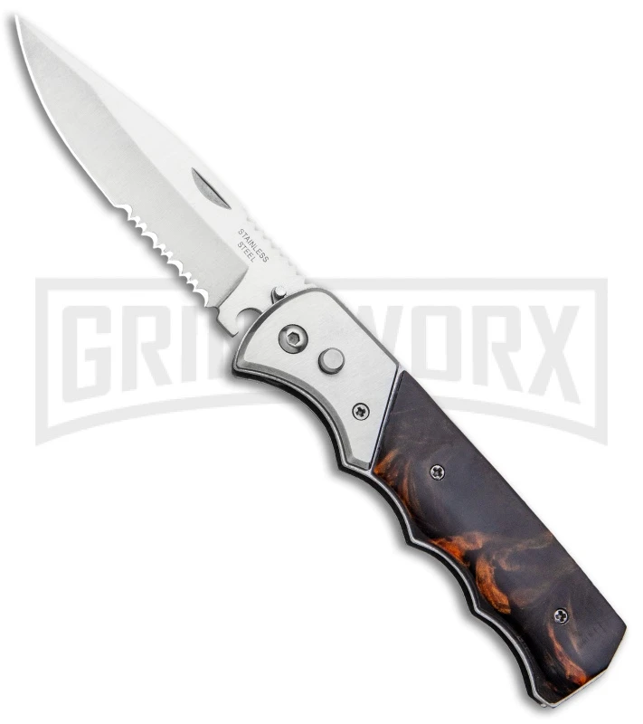Super Knife Dingo Brown Marble Acrylic Automatic Knife - Satin Serr 3 Super Knife Dingo Brown Marble Acrylic Automatic Knife - Satin Serr