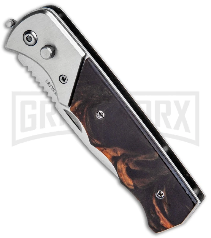 Super Knife Dingo Brown Marble Acrylic Automatic Knife - Satin Serr 4 Super Knife Dingo Brown Marble Acrylic Automatic Knife - Satin Serr - Image 2
