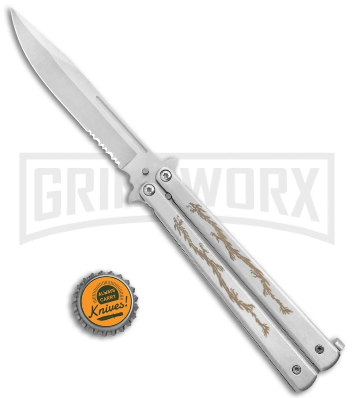 Super Knife Silver Balisong Butterfly Knife Dragon - Satin Serr 6 Super Knife Silver Balisong Butterfly Knife Dragon - Satin Serr - Image 4