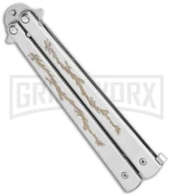 Super Knife Silver Balisong Butterfly Knife Dragon - Satin Serr 8 Super Knife Silver Balisong Butterfly Knife Dragon - Satin Serr -Kershaw Store Super Knife Silver Balisong Butterfly Dragon Satin Serr GX 36281 jr side large