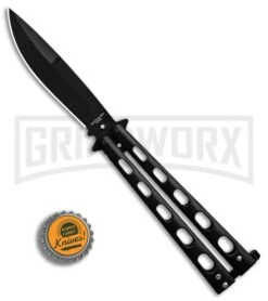 Super Knife Sleek Slinger Black Balisong Butterfly Knife - Black Plain -Kershaw Store Super Knife Sleek Slinger Black Bali black plain BP 30076 er bottlecap large