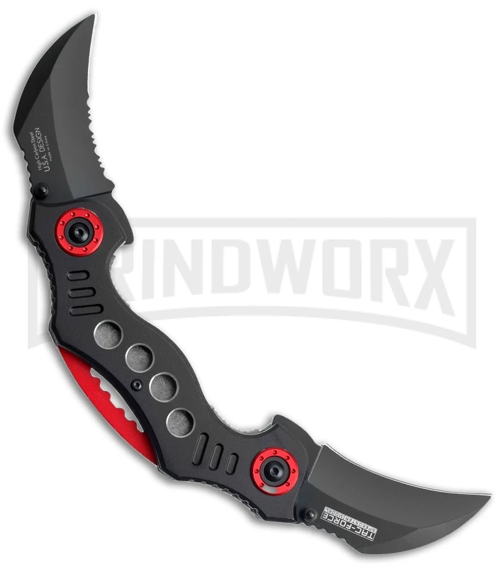 Tac-Force Bifold Black Dual Blade Spring Assisted Knife - Black Serr 3 Tac-Force Bifold Black Dual Blade Spring Assisted Knife - Black Serr