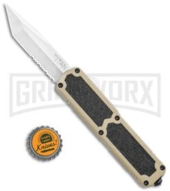 Titan Tan D/A OTF Automatic Knife - Tanto Satin Serrated -Kershaw Store Titan Tan DA OTF Auto Tanto Satin Serr GX 36377 jr bottlecap large