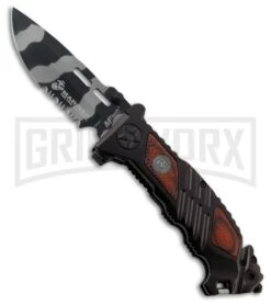USMC Armed Rescue Brown Aluminum Spring Assisted Knife - Urban Camo Serr