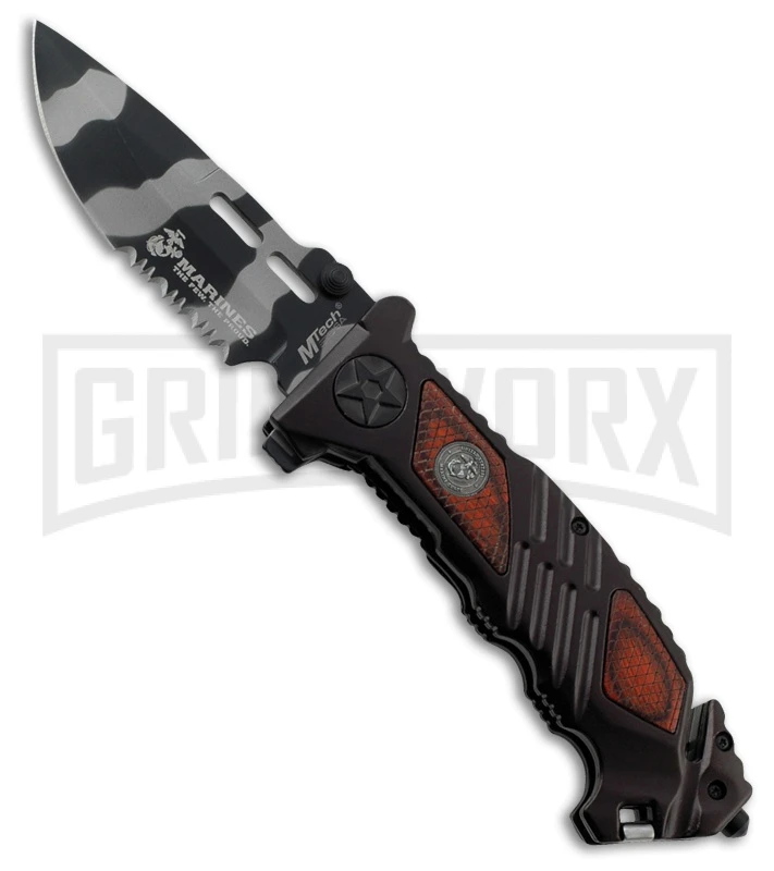 USMC Armed Rescue Brown Aluminum Spring Assisted Knife - Urban Camo Serr 3 USMC Armed Rescue Brown Aluminum Spring Assisted Knife - Urban Camo Serr