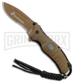USMC Reaper Desert Tan Rubber Spring Assisted Knife - Brown Serr