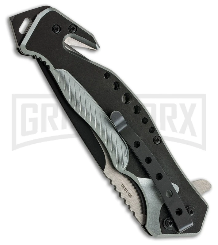 Utica BB Rescue Black Aluminum Spring Assisted Knife - Two-Tone Serr 4 Utica BB Rescue Black Aluminum Spring Assisted Knife - Two-Tone Serr - Image 2