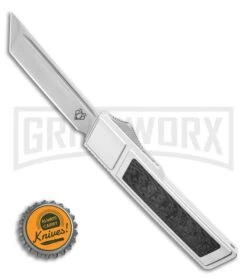 No Limit Knives Vespa Ripper OTF Silver/ CF Inlay Tanto Knife - Satin -Kershaw Store Vespa Knives Ripper OTF Tanto Silver CF Inlay 3.2 Satin GX 36588 LS Bottlecap large