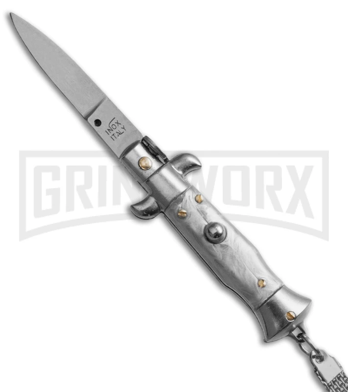 SKM 4" Italian Stiletto Grey Automatic Knife Keychain - Flat Grind 3 SKM 4" Italian Stiletto Grey Automatic Knife Keychain - Flat Grind