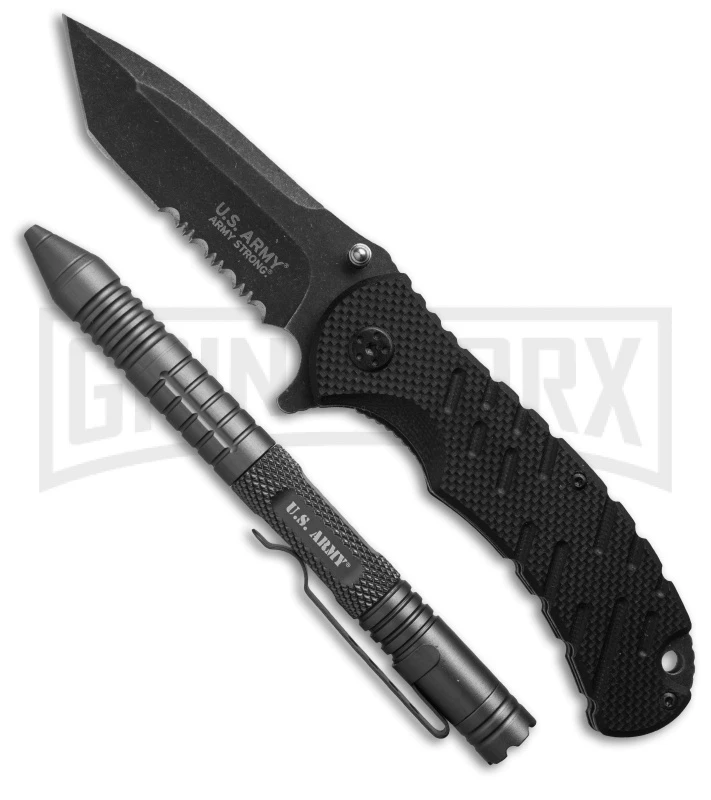 Master Cutlery US Army Black Spring Assisted Knife & Gray Pen - Tanto Serr 3 Master Cutlery US Army Black Spring Assisted Knife & Gray Pen - Tanto Serr