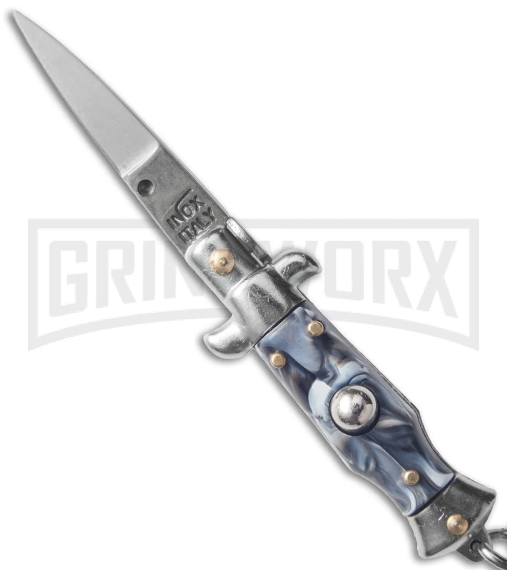 SKM 2.75" Italian Stiletto Keychain Sim Abalone Automatic Knife - Satin Plain 3 SKM 2.75" Italian Stiletto Keychain Sim Abalone Automatic Knife - Satin Plain