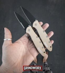 Kershaw Leek Desert Sand Assisted Opening Knife - Bead Blast Plain -Kershaw Store kershaw leek dessert tan black plain BHQ 49608 serr BHQ 49609 dl large
