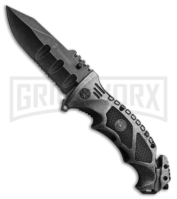 M-Tech USMC Crasher Black SW Spring Assisted Knife - Black Stonewash Serr 3 M-Tech USMC Crasher Black SW Spring Assisted Knife - Black Stonewash Serr