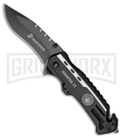M-Tech USMC Semper Fi Drop Point Black Aluminum Spring Assisted Knife - Black