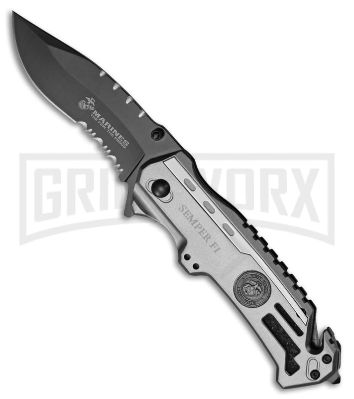 M-Tech USMC Semper Fi Drop Point Gray Aluminum Spring Assisted Knife - Black 3 M-Tech USMC Semper Fi Drop Point Gray Aluminum Spring Assisted Knife - Black
