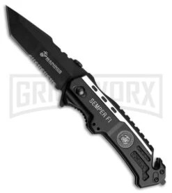 M-Tech USMC Semper Fi Tanto Black Aluminum Spring Assisted Knife - Black Serr