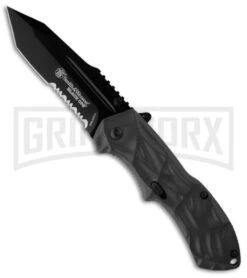 Smith & Wesson Black Ops Gray Spring Assisted Knife - Tanto Black Serr