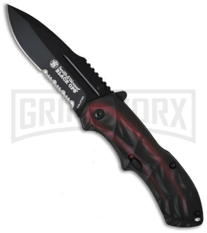 Smith & Wesson Black Ops Smoked Red Spring Assisted Knife - Black Serr 3 Smith & Wesson Black Ops Smoked Red Spring Assisted Knife - Black Serr