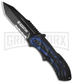 Smith & Wesson Black Ops Smoked Blue Spring Assisted Knife - Tanto Black Serr
