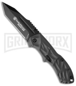 Smith & Wesson Mini Black Ops Dk Grey Spring Assisted Knife - Tanto Black Plain
