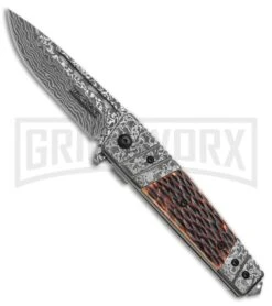 Tac-Force Jigged Bone Damascus Spring Assisted Knife - Damascus Plain