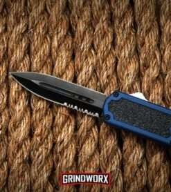 Titan Blue D/A OTF Automatic Knife - Dagger Black Serrated -Kershaw Store titan blue black serr rope dl large