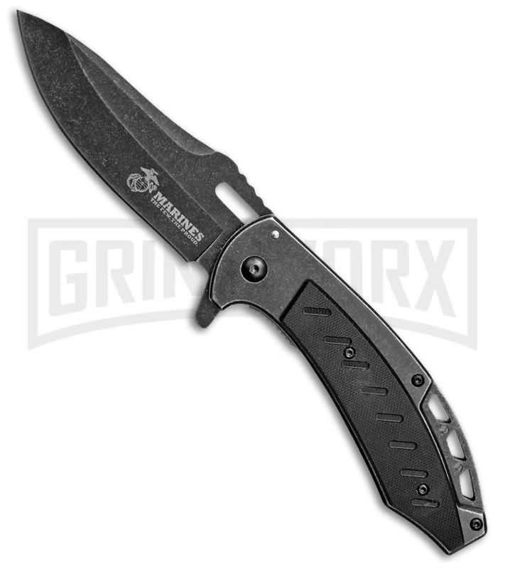 US Marines Black Spring Assisted Knife - Black Stonewash Plain 3 US Marines Black Spring Assisted Knife - Black Stonewash Plain