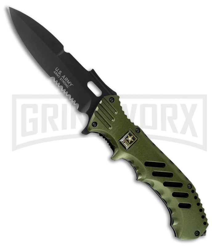 US Army Quest OD Green Spring Assisted Knife - Spear Point Black Serr 3 US Army Quest OD Green Spring Assisted Knife - Spear Point Black Serr