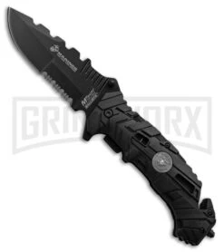 USMC Heroism Black Aluminum Spring Assisted Knife - Black Serr